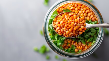 red lentils in a glass jar with a spoon - top view.