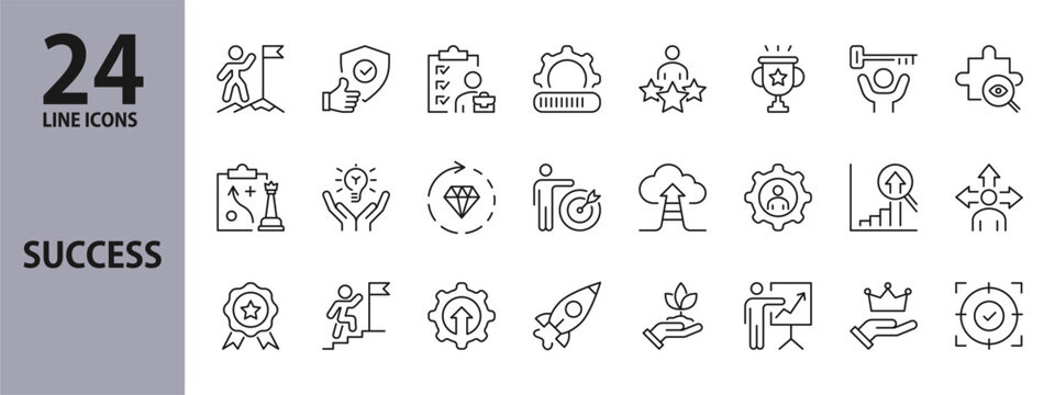 Success line icons set with Growth, Business, Target, Motivation, Potential, Development, Trophy, Successful, Solution, Goal, Strategy, Graphic, Winner, Reward, Medal and more. Editable Stroke