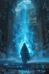 Fototapeta premium Mysterious figure cloaked in darkness stands before a magical blue energy portal in an ancient, mystical temple. Enigmatic fantasy scene.