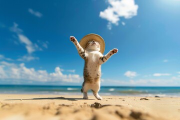cat on beach with sun hat