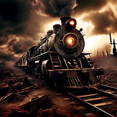Naklejka premium An old, apocalyptic, destroyed steampunk train trapped in the vortex of a 'day after tomorrow' time-space capsule