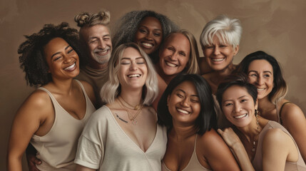 Obraz premium A group of people from diverse backgrounds share a jovial moment, their radiant smiles and close proximity highlighting unity and joy.