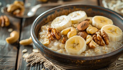 Bowl of oatmeal topped with bananas and nuts, rustic setting