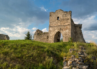 Ancient ruins entrance gate of castle built in 12th century on Bona mountain Kremenets, Ternopil region, Ukraine.