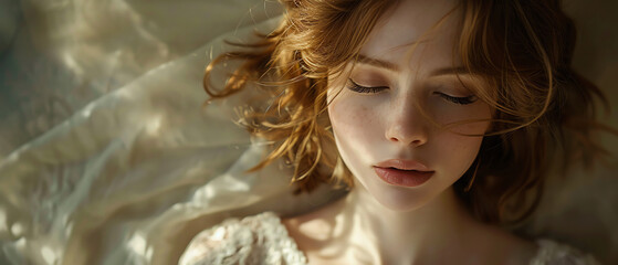 Elegant woman with wavy hair, soft lighting, neutral background