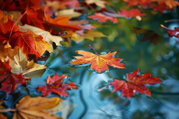A beautiful autumn scene with colorful leaves floating on water