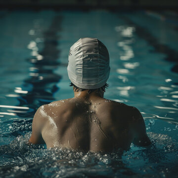 swimmer practicing alone at night in swimming pool
