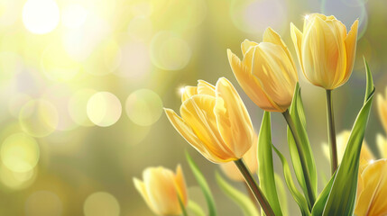 Delicate yellow tulips bask in the soft glow of sunlight with a background of bokeh lights, creating a dreamy, ethereal atmosphere.