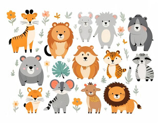 Cartoon including wild animals stickers. Vector illustration