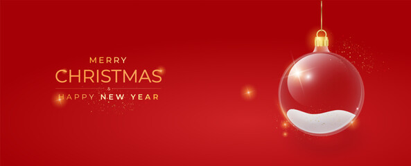 Christmas background. Xmas ornaments. Christmas tree decorations transparent ball hanging on golden ribbon, gold glitter confetti. Vector