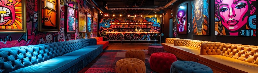 Neonlit room with graffiti walls and sofas, underground vibe, eclectic art