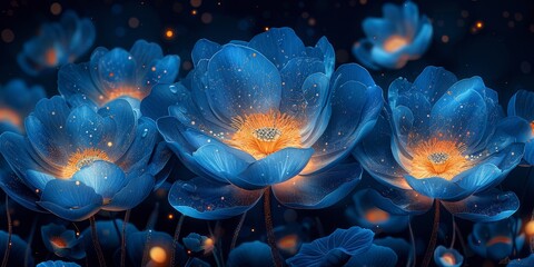 Obraz premium Glowing Blue Flowers in a Dark Night Garden