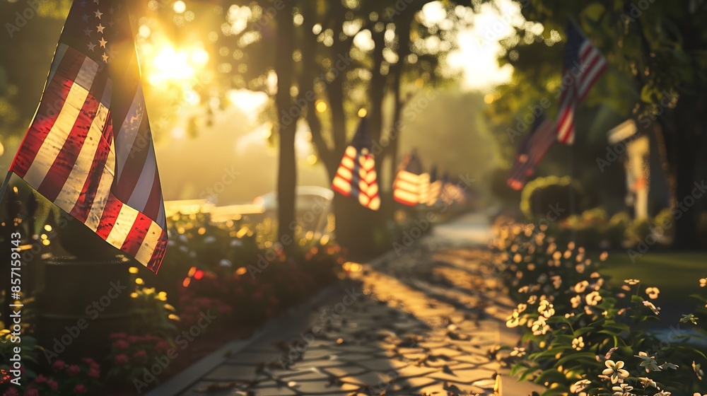 Wall mural American flags lining the sidewalks celebrate