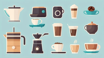 Clip art coffee making equipment and coffee cups. Vector illustration. Isolated background.