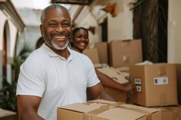 Joyful couple unpacking cardboard boxes in bright, sunny house after moving into new home