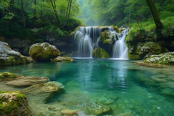 A tranquil waterfall cascades into a crystal-clear pool surrounded by lush greenery in a peaceful forest setting.