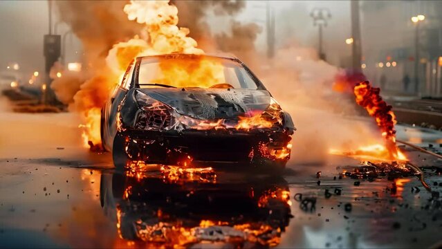Electric Car Lithium Battery Fire Caused by Thermal Runaway due to Damage or Overcharging. Concept Lithium Battery, Electric Car Safety, Thermal Runaway, Damage, Overcharging