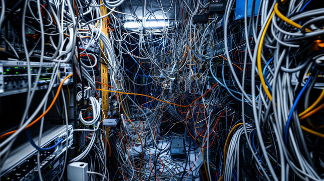 A network room completely filled with tangled, colorful cables showing an extreme case of electronic disorganization.