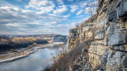 A bluff overlooking a river The bluff is a dramatic and imposing feature, with steep cliffs and rocky outcrops.
