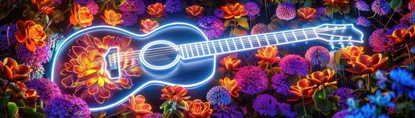 Obraz premium Neon guitar in a vibrant flower garden, side view, illuminated neon outlines, evening glow, intricate floral patterns, colorful backdrop, dreamy mood, low angle
