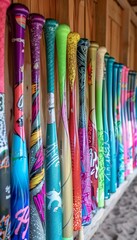 Colorful Softball Bats Lined Up Against Dugout Wall for Team Practice or Game Preparation