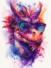 adorable dragon wear sunglasses with paint splash art