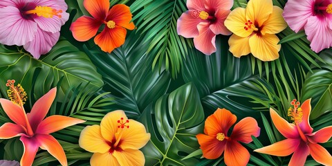 A Hawaiian tropical background featuring lush green leaves and colorful flowers, including hibiscus and plumeria, capturing the essence of a vibrant jungle paradise.