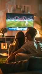 Cozy Evening Watching Soccer Game on TV in Intimate Living Room Setting