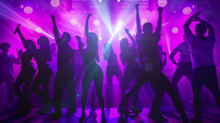 Silhouettes of people dancing energetically to pulsating music, surrounded by vivid neon beams and an electrifying light show, creating an intense party atmosphere.