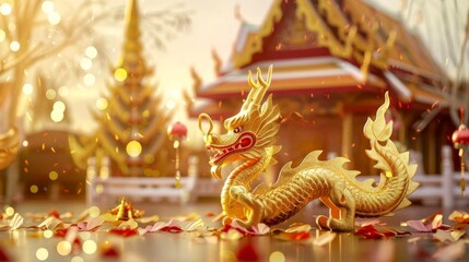 Fototapeta premium A charming New Years card featuring a cute golden dragon, set against the backdrop of a traditional Thai temple The card reads Happy New Year 2024 in elegant script.