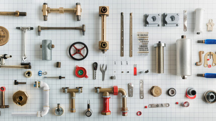 Obraz premium A meticulously organized assortment of mechanical parts and tools laid out on a grid, showcasing precision and attention to detail.