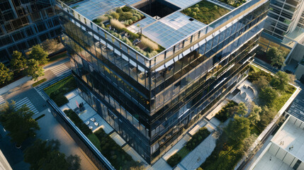 Aerial view of a modern glass building with a rooftop garden, reflecting the surrounding cityscape, exemplifying sustainable architecture and urban greenery.