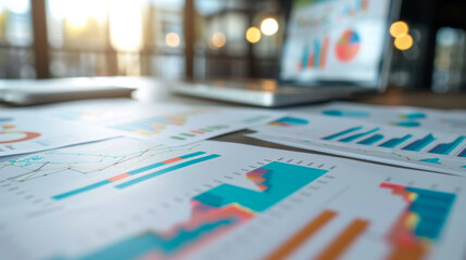 A close-up of colorful financial charts and graphs spread across a table in a modern office, bathed in soft natural light.