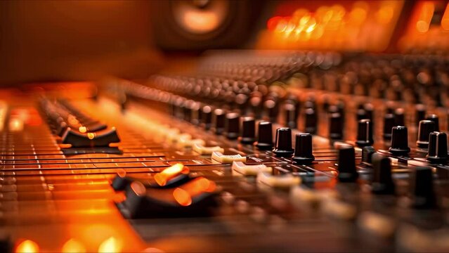 Closeup view of audio mixing console in a professional recording studio. Concept Audio Engineering, Recording Studio Equipment, Professional Setup, Mixing Console, Close-up Shot