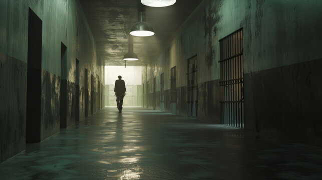 An isolated figure walks through a foggy, abandoned prison hallway, dim lights casting long shadows and heightening the sense of desolation.