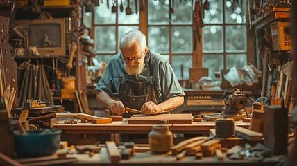 A skilled craftsman meticulously molds wooden components, showcasing the craft of exquisite carpentry in his disorganized workspace.