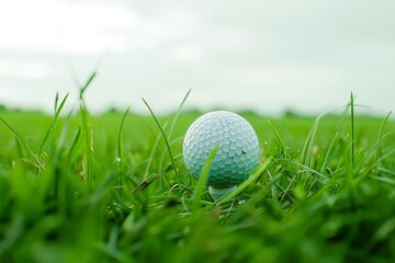 A closeup of a golf ball on a tee in a grassy field - Powered by Adobe