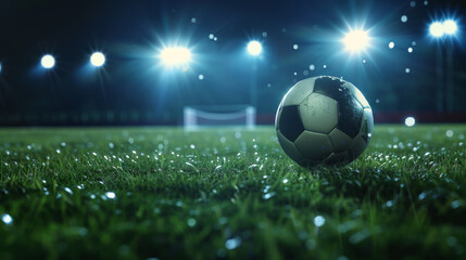 Fototapeta premium A soccer ball sits on a dewy, illuminated field under bright floodlights, evoking the excitement of an impending game.