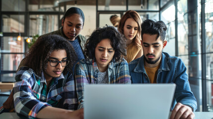 Fototapeta premium A group of young adults intensely focused on a project, gathered around a laptop in a modern workspace.