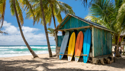 Fototapeta premium Surfboards leaning against a wooden shack on a sunny beach, with palm trees swaying nearby.beach with trees