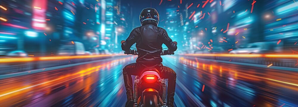 View from the back of a professional smart motorbike rider wearing a helmet as they accelerate through a futuristic cityscape filled with neon lights.