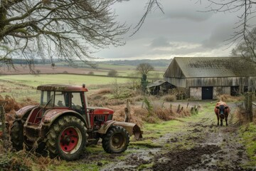 Rustic Farmyard Scene with Cow and Vintage Tractor in Pastoral Countryside Setting