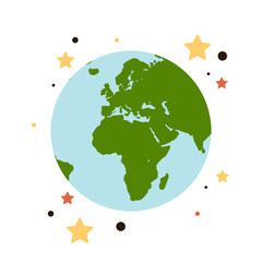 Earth globe with continents and world or planet drawn isolated on white background flat vector illustration.
