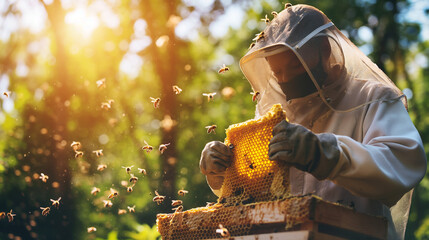 A beekeeper or apiarist wearing a bee suit, inspecting a honeycomb while bees are buzzing around it and a beehive box. harvesting honey concept.