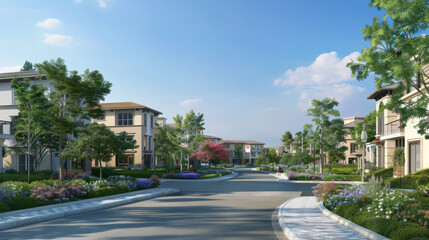 Serene suburban street lined with lush greenery and modern houses under a bright blue sky dotted with fluffy clouds.