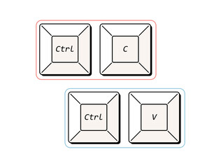 Control keys and shortcut commands for copy paste, ctrl c, ctrl v, keyboard buttons, keypad combinations for input, insert information concept isolated on white background flat vector illustration.
