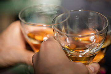 dettagli in primo piano delle mani di due persone di origine caucasica irriconoscibili mentre fanno un brindisi con due piccoli bicchieri da liquore