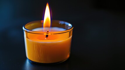 Lit candle in amber holder against dark background