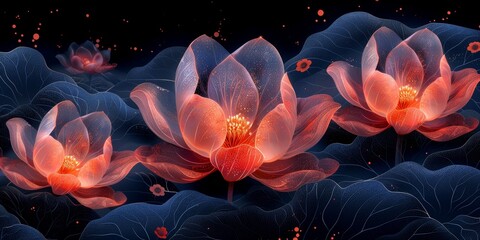 Obraz premium Glowing Lotus Flowers in a Nighttime Pond