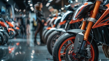 Fototapeta premium A row of motorcycles on display in a showroom with people in the background